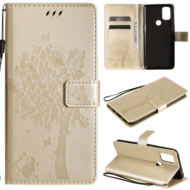 Tree & Cat Pattern Pressed Printing Horizontal Flip PU Leather Case with Holder & Card Slots & Wallet & Lanyard, For OnePlus Nord N10 5G, For OnePlus Nord N100