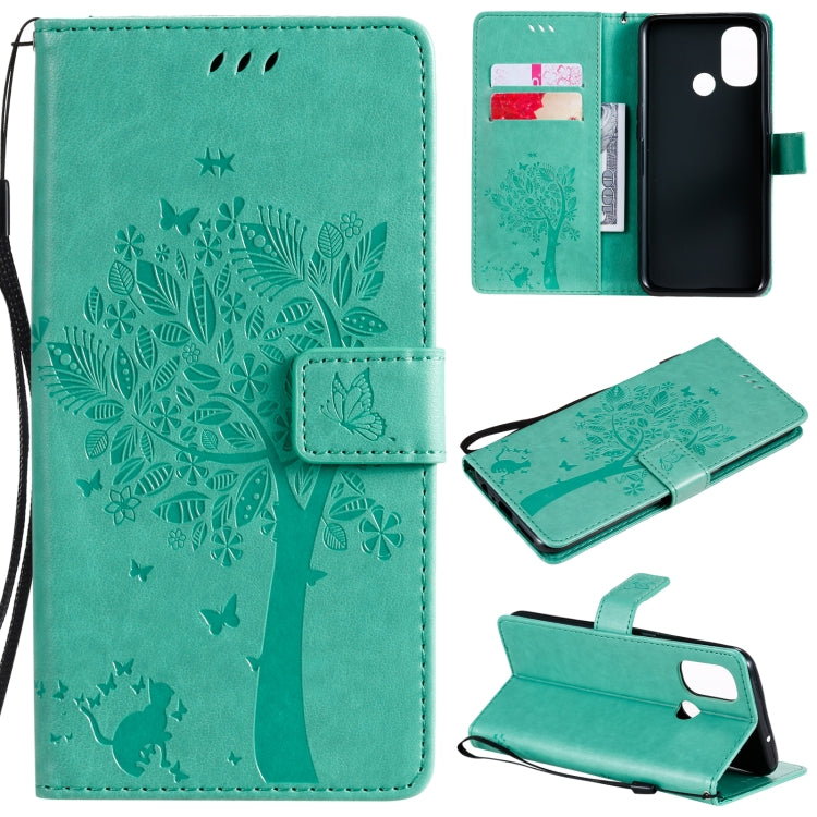 Tree & Cat Pattern Pressed Printing Horizontal Flip PU Leather Case with Holder & Card Slots & Wallet & Lanyard, For OnePlus Nord N10 5G, For OnePlus Nord N100