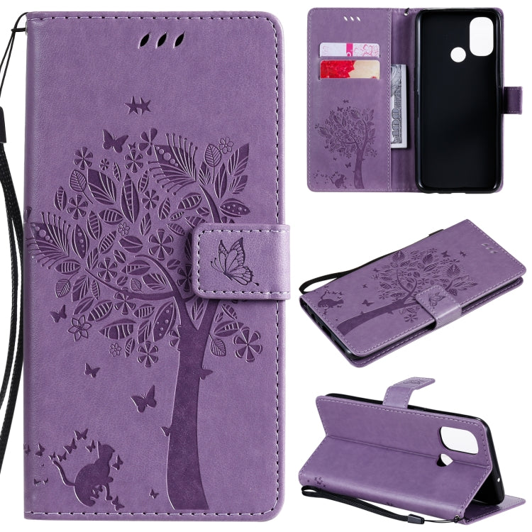 Tree & Cat Pattern Pressed Printing Horizontal Flip PU Leather Case with Holder & Card Slots & Wallet & Lanyard, For OnePlus Nord N10 5G, For OnePlus Nord N100