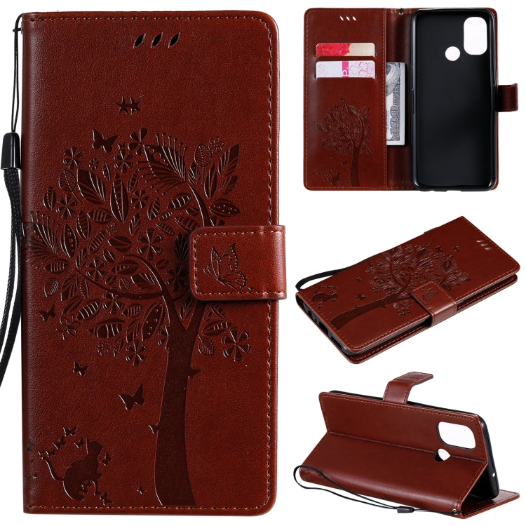 Tree & Cat Pattern Pressed Printing Horizontal Flip PU Leather Case with Holder & Card Slots & Wallet & Lanyard, For OnePlus Nord N10 5G, For OnePlus Nord N100