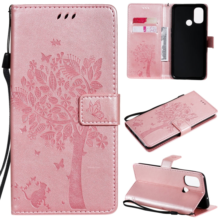 Tree & Cat Pattern Pressed Printing Horizontal Flip PU Leather Case with Holder & Card Slots & Wallet & Lanyard, For OnePlus Nord N10 5G, For OnePlus Nord N100