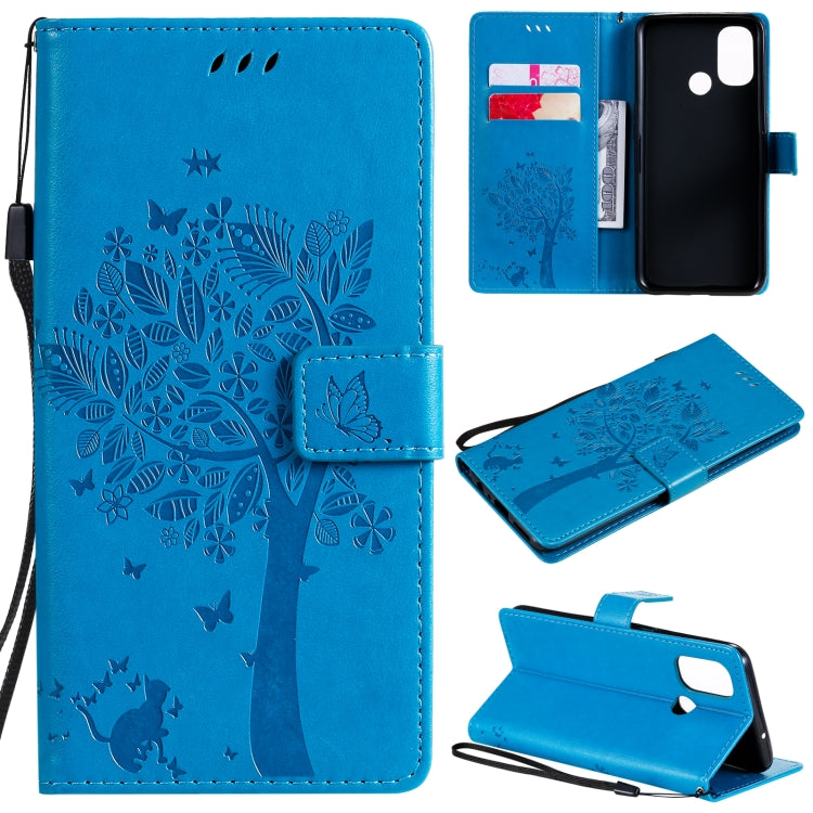 Tree & Cat Pattern Pressed Printing Horizontal Flip PU Leather Case with Holder & Card Slots & Wallet & Lanyard, For OnePlus Nord N10 5G, For OnePlus Nord N100