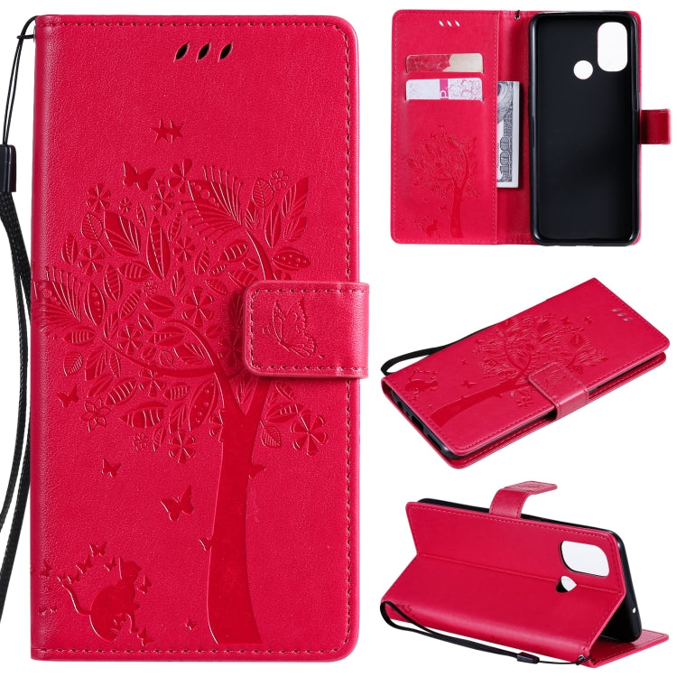Tree & Cat Pattern Pressed Printing Horizontal Flip PU Leather Case with Holder & Card Slots & Wallet & Lanyard, For OnePlus Nord N10 5G, For OnePlus Nord N100