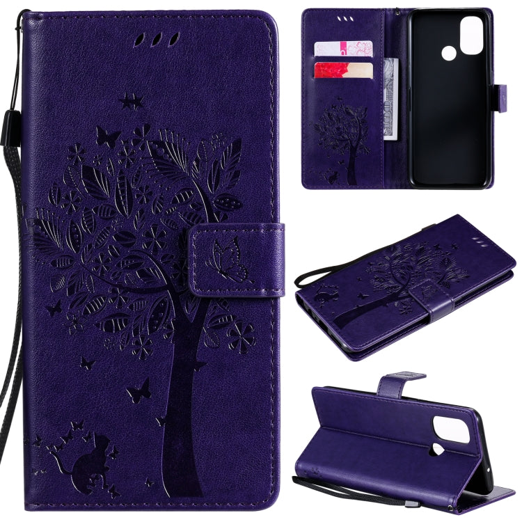 Tree & Cat Pattern Pressed Printing Horizontal Flip PU Leather Case with Holder & Card Slots & Wallet & Lanyard, For OnePlus Nord N10 5G, For OnePlus Nord N100