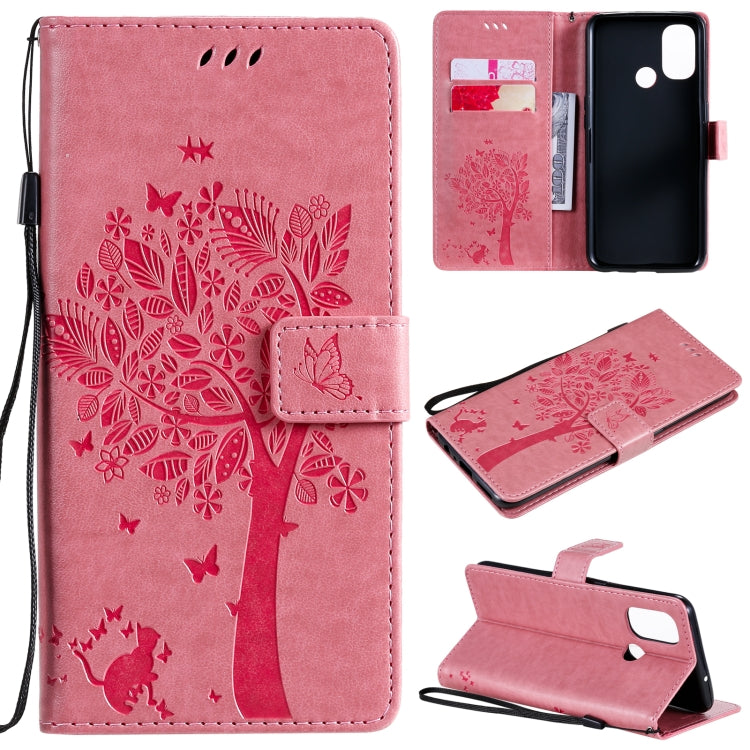 Tree & Cat Pattern Pressed Printing Horizontal Flip PU Leather Case with Holder & Card Slots & Wallet & Lanyard, For OnePlus Nord N10 5G, For OnePlus Nord N100