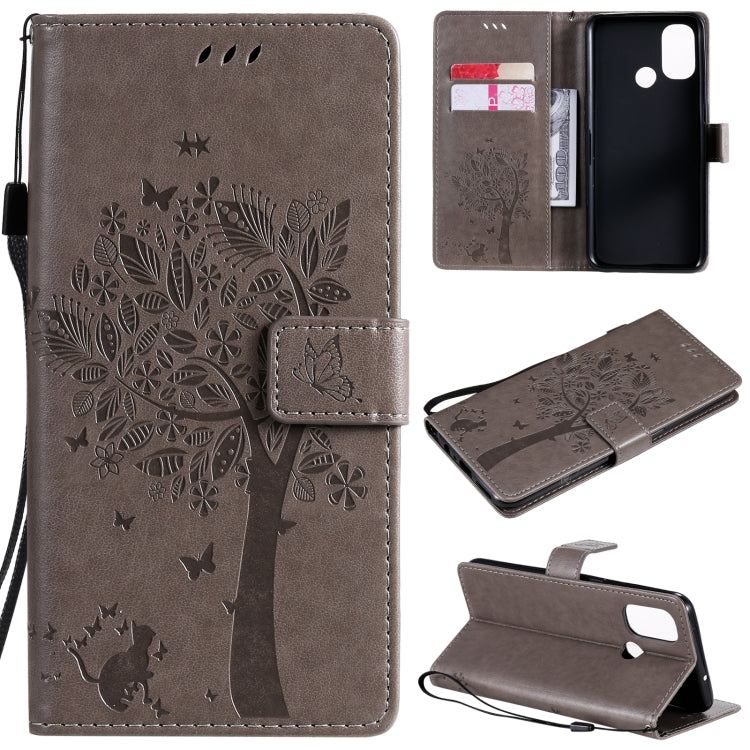 Tree & Cat Pattern Pressed Printing Horizontal Flip PU Leather Case with Holder & Card Slots & Wallet & Lanyard, For OnePlus Nord N10 5G, For OnePlus Nord N100