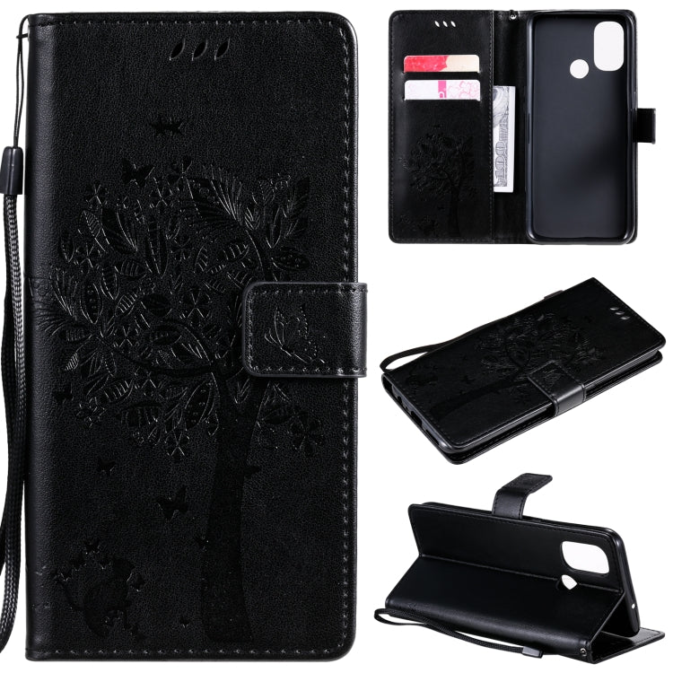 Tree & Cat Pattern Pressed Printing Horizontal Flip PU Leather Case with Holder & Card Slots & Wallet & Lanyard, For OnePlus Nord N10 5G, For OnePlus Nord N100
