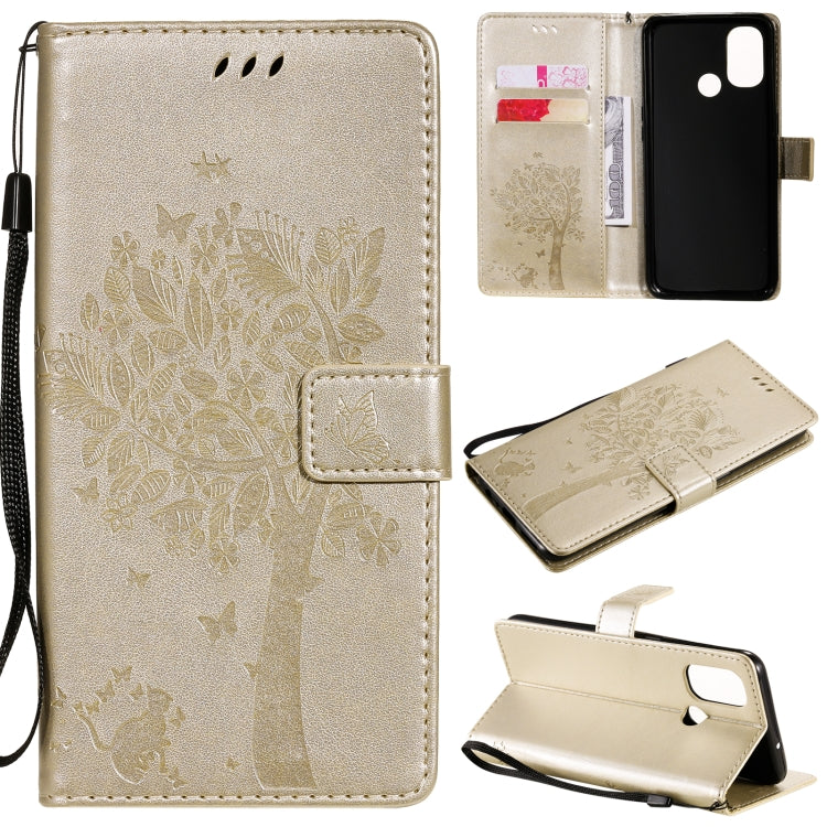 Tree & Cat Pattern Pressed Printing Horizontal Flip PU Leather Case with Holder & Card Slots & Wallet & Lanyard, For OnePlus Nord N10 5G, For OnePlus Nord N100