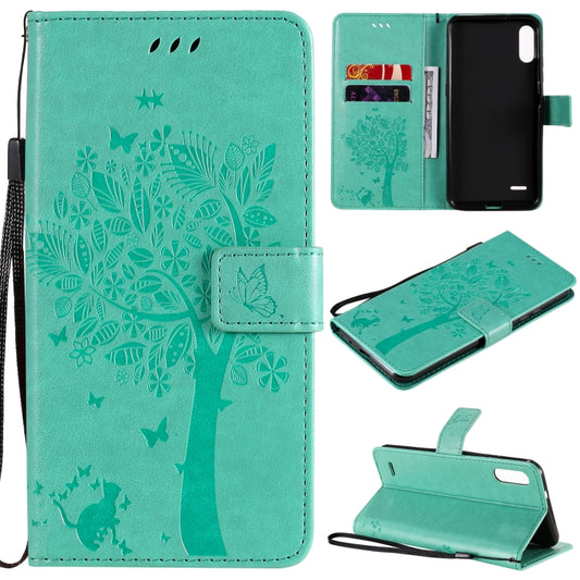 Tree and cat pattern leather flip case for LG K22 with card slots and lanyard