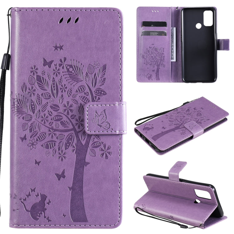 Tree & Cat Pattern Pressed Printing Horizontal Flip PU Leather Case with Holder & Card Slots & Wallet & Lanyard, For OPPO A53(2020) / A32, For Nokia 2.4