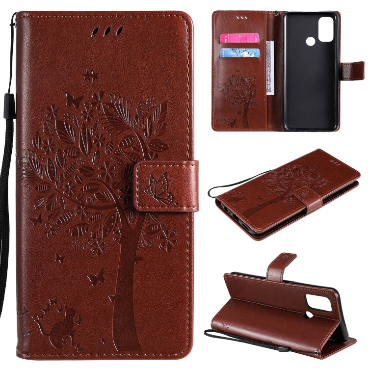 Tree & Cat Pattern Pressed Printing Horizontal Flip PU Leather Case with Holder & Card Slots & Wallet & Lanyard, For OPPO A53(2020) / A32, For Nokia 2.4