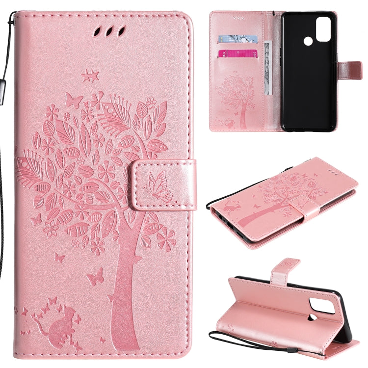 Tree & Cat Pattern Pressed Printing Horizontal Flip PU Leather Case with Holder & Card Slots & Wallet & Lanyard, For OPPO A53(2020) / A32, For Nokia 2.4