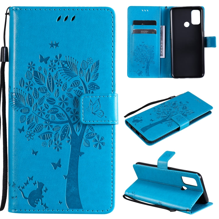 Tree & Cat Pattern Pressed Printing Horizontal Flip PU Leather Case with Holder & Card Slots & Wallet & Lanyard, For OPPO A53(2020) / A32, For Nokia 2.4