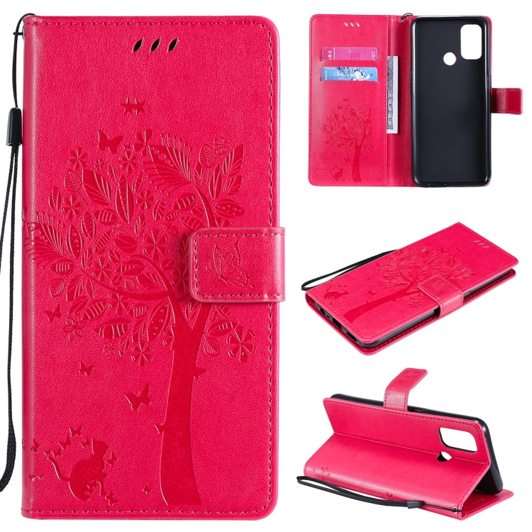 Tree & Cat Pattern Pressed Printing Horizontal Flip PU Leather Case with Holder & Card Slots & Wallet & Lanyard, For OPPO A53(2020) / A32, For Nokia 2.4