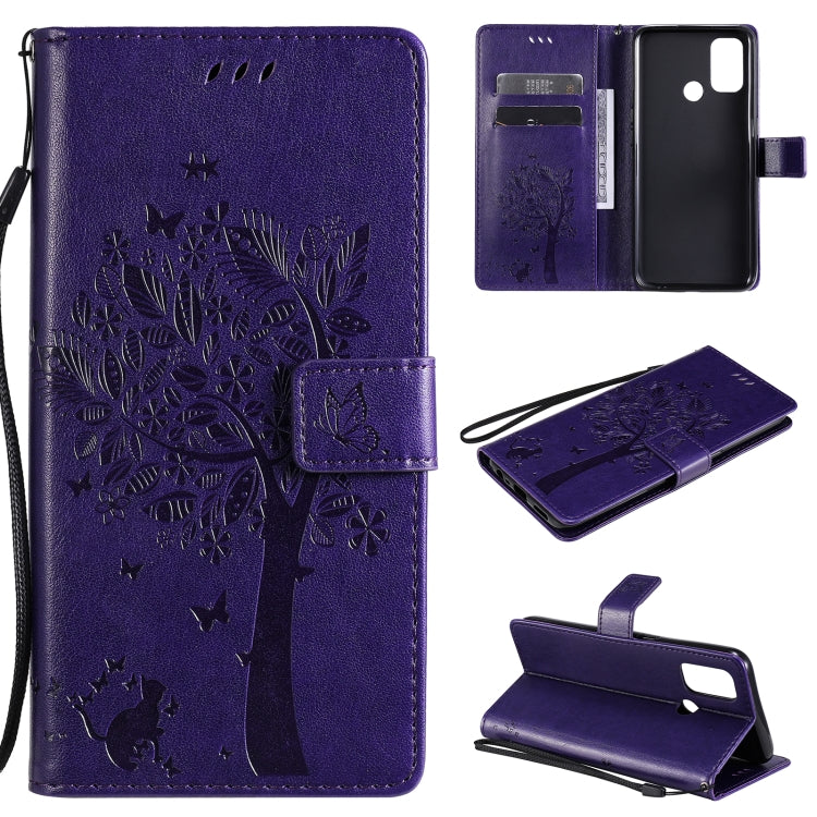 Tree & Cat Pattern Pressed Printing Horizontal Flip PU Leather Case with Holder & Card Slots & Wallet & Lanyard, For OPPO A53(2020) / A32, For Nokia 2.4