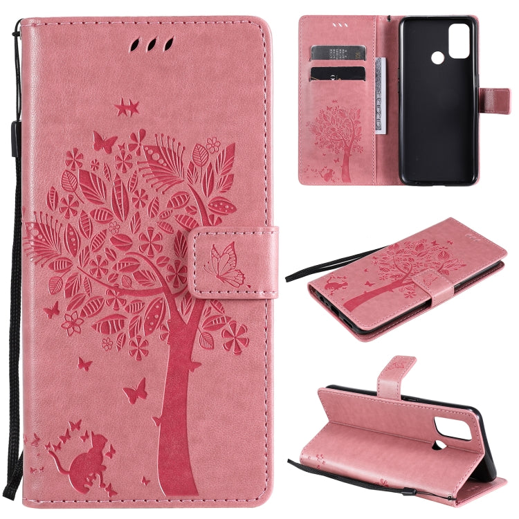 Tree & Cat Pattern Pressed Printing Horizontal Flip PU Leather Case with Holder & Card Slots & Wallet & Lanyard, For OPPO A53(2020) / A32, For Nokia 2.4