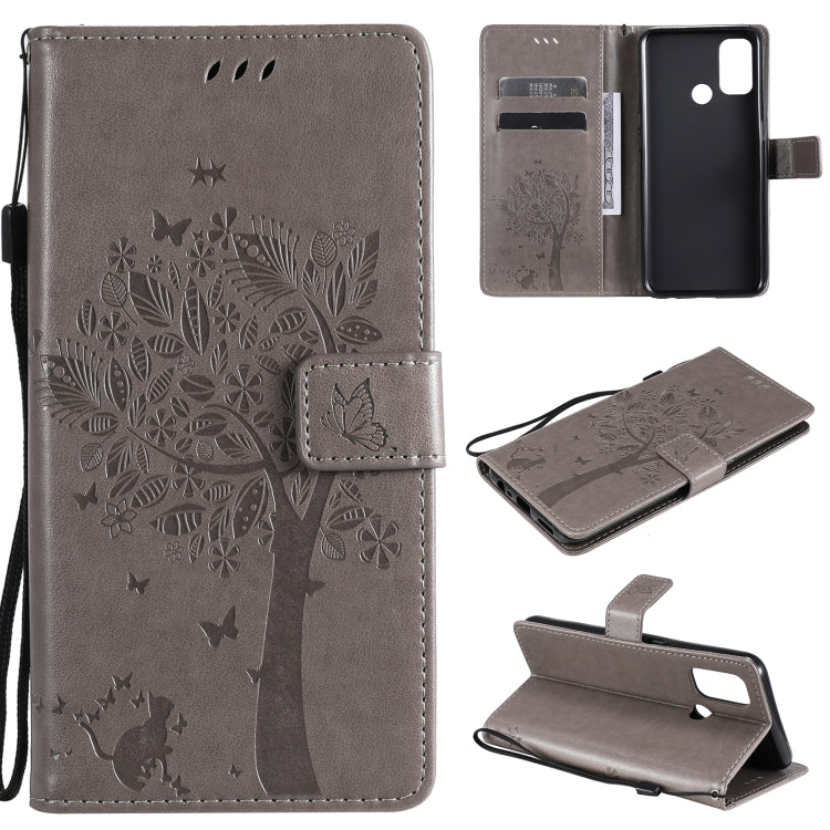 Tree & Cat Pattern Pressed Printing Horizontal Flip PU Leather Case with Holder & Card Slots & Wallet & Lanyard, For OPPO A53(2020) / A32, For Nokia 2.4