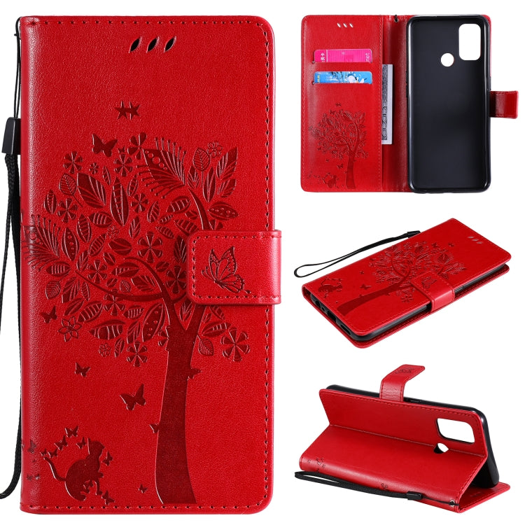Tree & Cat Pattern Pressed Printing Horizontal Flip PU Leather Case with Holder & Card Slots & Wallet & Lanyard, For OPPO A53(2020) / A32, For Nokia 2.4