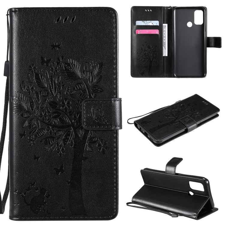 Tree & Cat Pattern Pressed Printing Horizontal Flip PU Leather Case with Holder & Card Slots & Wallet & Lanyard, For OPPO A53(2020) / A32, For Nokia 2.4