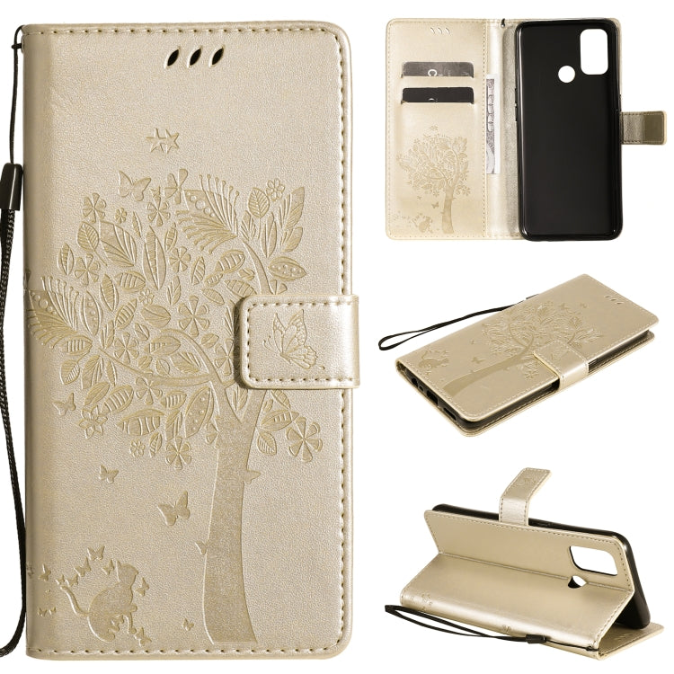 Tree & Cat Pattern Pressed Printing Horizontal Flip PU Leather Case with Holder & Card Slots & Wallet & Lanyard, For OPPO A53(2020) / A32, For Nokia 2.4