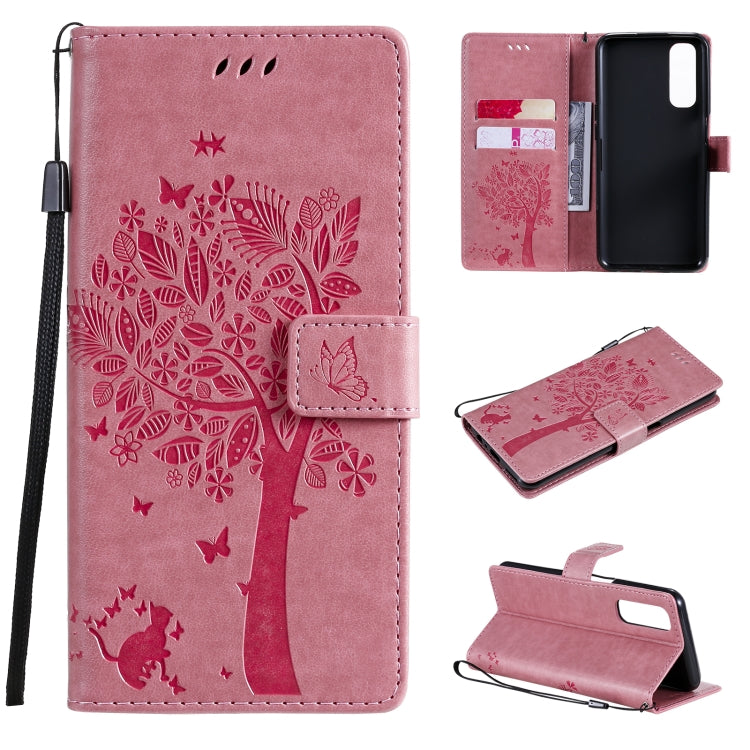 Tree & Cat Pattern Pressed Printing Horizontal Flip PU Leather Case with Holder & Card Slots & Wallet & Lanyard, For Xiaomi Mi 10T Lite 5G, For OPPO Realme 7
