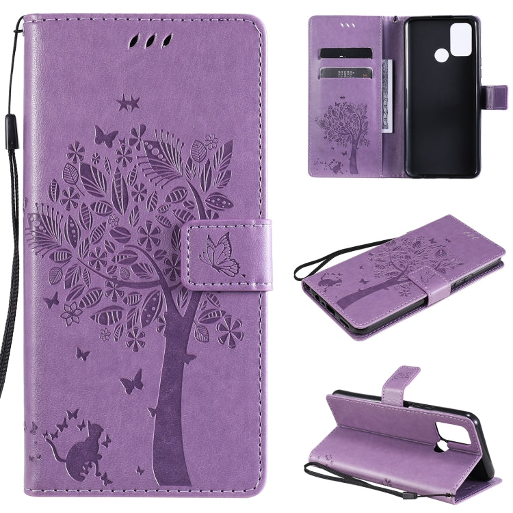 Tree & Cat Pattern Pressed Printing Horizontal Flip PU Leather Case with Holder & Card Slots & Wallet & Lanyard, For OPPO Realme 7i / C17, For Xiaomi Mi 10T / 10T Pro
