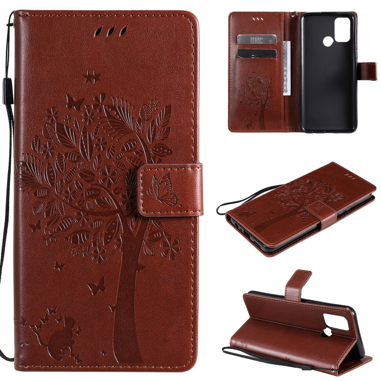 Tree & Cat Pattern Pressed Printing Horizontal Flip PU Leather Case with Holder & Card Slots & Wallet & Lanyard, For OPPO Realme 7i / C17, For Xiaomi Mi 10T / 10T Pro
