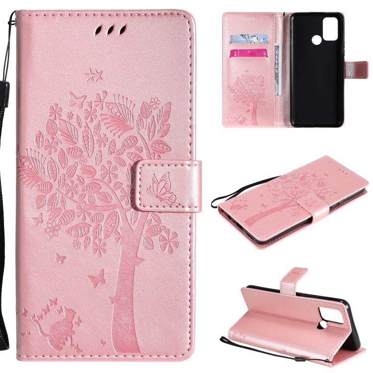 Tree & Cat Pattern Pressed Printing Horizontal Flip PU Leather Case with Holder & Card Slots & Wallet & Lanyard, For OPPO Realme 7i / C17, For Xiaomi Mi 10T / 10T Pro