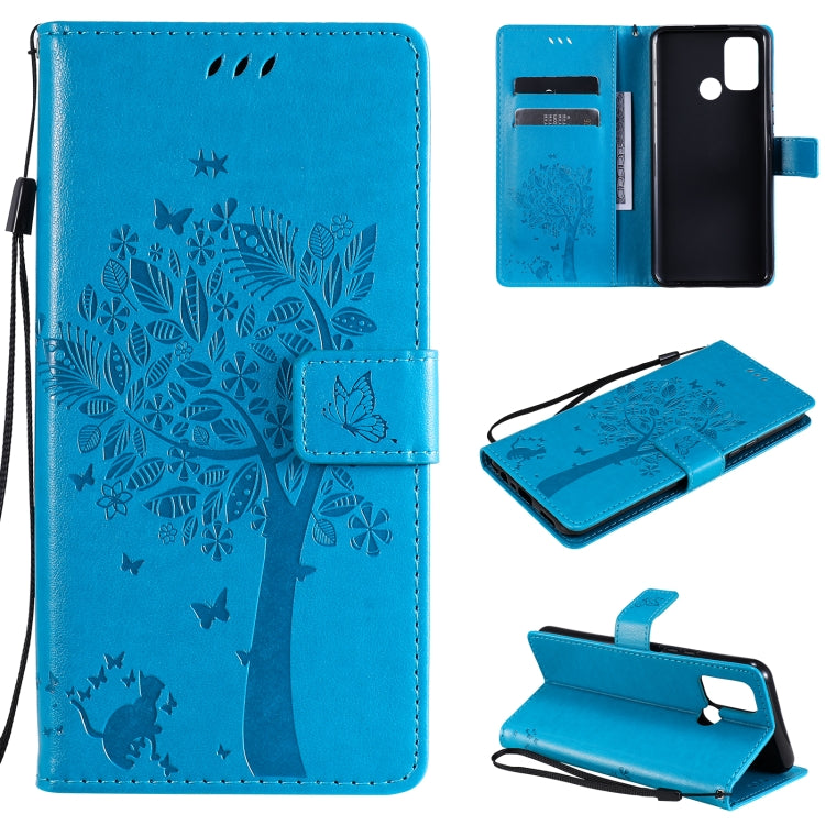 Tree & Cat Pattern Pressed Printing Horizontal Flip PU Leather Case with Holder & Card Slots & Wallet & Lanyard, For OPPO Realme 7i / C17, For Xiaomi Mi 10T / 10T Pro