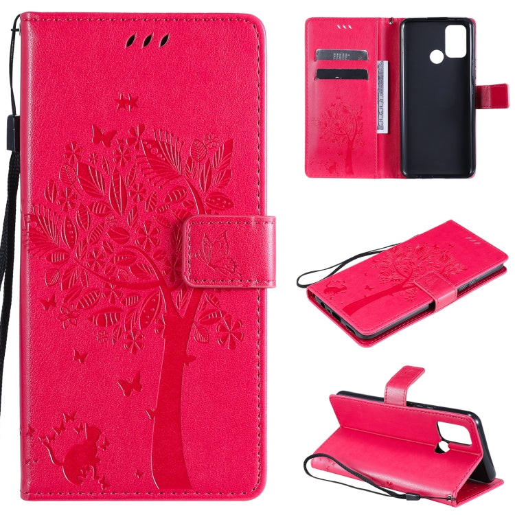 Tree & Cat Pattern Pressed Printing Horizontal Flip PU Leather Case with Holder & Card Slots & Wallet & Lanyard, For OPPO Realme 7i / C17, For Xiaomi Mi 10T / 10T Pro