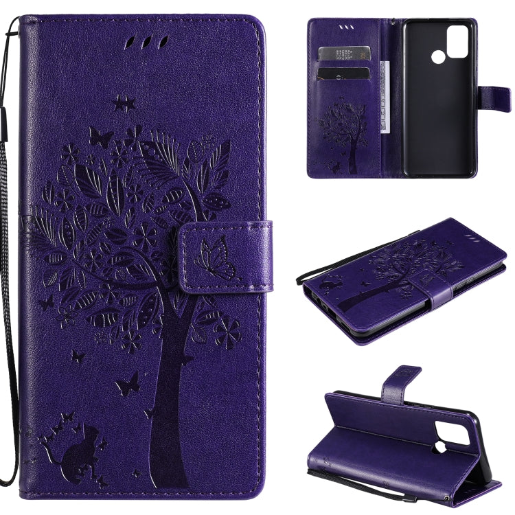 Tree & Cat Pattern Pressed Printing Horizontal Flip PU Leather Case with Holder & Card Slots & Wallet & Lanyard, For OPPO Realme 7i / C17, For Xiaomi Mi 10T / 10T Pro