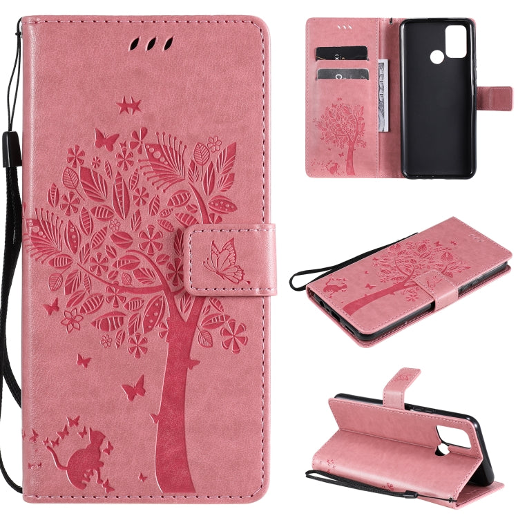 Tree & Cat Pattern Pressed Printing Horizontal Flip PU Leather Case with Holder & Card Slots & Wallet & Lanyard, For OPPO Realme 7i / C17, For Xiaomi Mi 10T / 10T Pro
