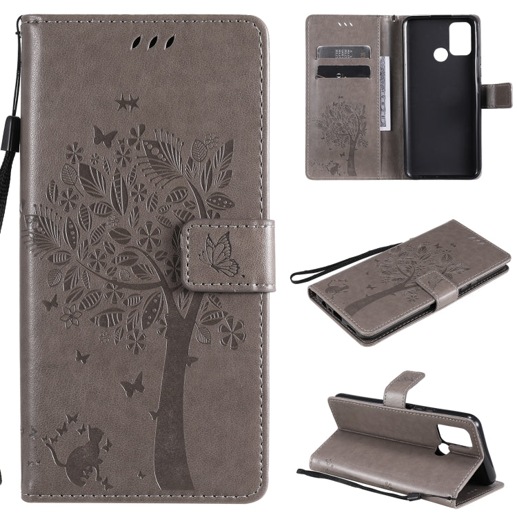 Tree & Cat Pattern Pressed Printing Horizontal Flip PU Leather Case with Holder & Card Slots & Wallet & Lanyard, For OPPO Realme 7i / C17, For Xiaomi Mi 10T / 10T Pro
