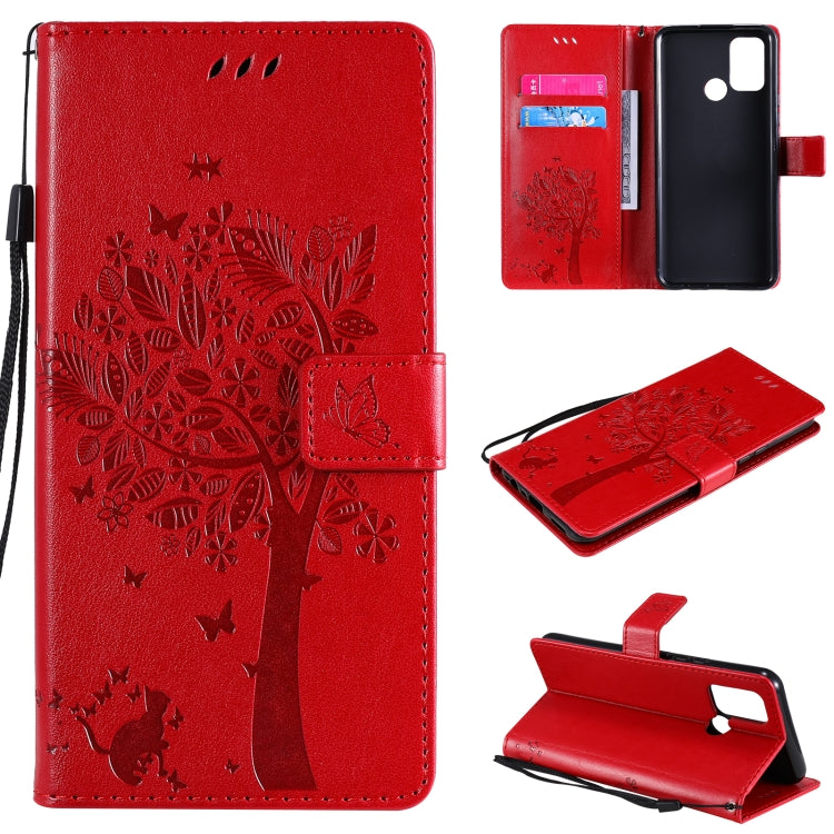 Tree & Cat Pattern Pressed Printing Horizontal Flip PU Leather Case with Holder & Card Slots & Wallet & Lanyard, For OPPO Realme 7i / C17, For Xiaomi Mi 10T / 10T Pro