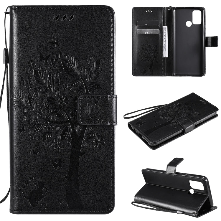 Tree & Cat Pattern Pressed Printing Horizontal Flip PU Leather Case with Holder & Card Slots & Wallet & Lanyard, For OPPO Realme 7i / C17, For Xiaomi Mi 10T / 10T Pro