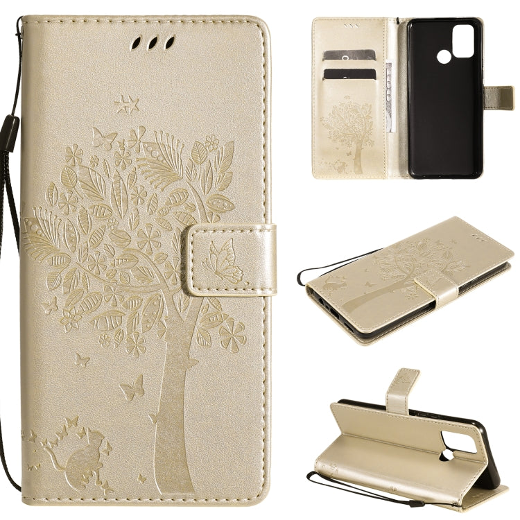 Tree & Cat Pattern Pressed Printing Horizontal Flip PU Leather Case with Holder & Card Slots & Wallet & Lanyard, For OPPO Realme 7i / C17, For Xiaomi Mi 10T / 10T Pro