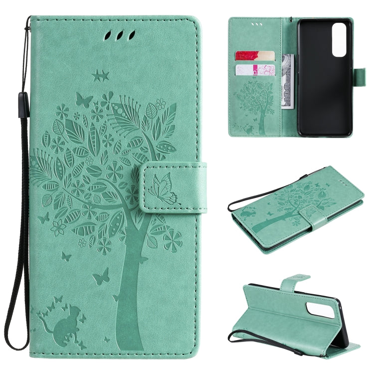 Tree & Cat Pattern Pressed Printing Horizontal Flip PU Leather Case with Holder & Card Slots & Wallet & Lanyard, For OPPO Reno4 Pro 4G, For OnePlus 8T
