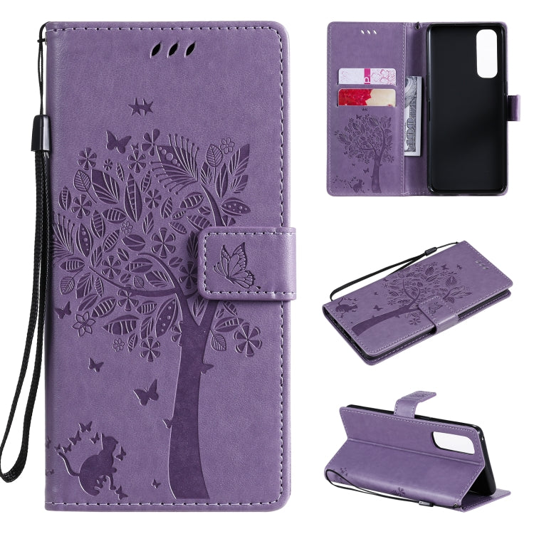 Tree & Cat Pattern Pressed Printing Horizontal Flip PU Leather Case with Holder & Card Slots & Wallet & Lanyard, For OnePlus 8T, For OPPO Reno4 Pro 4G