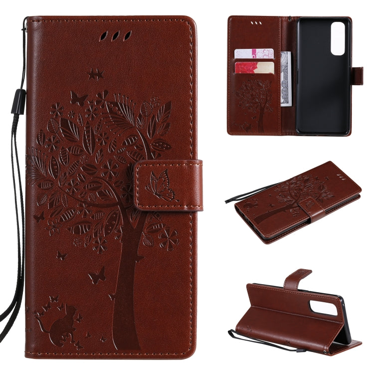 Tree & Cat Pattern Pressed Printing Horizontal Flip PU Leather Case with Holder & Card Slots & Wallet & Lanyard, For OnePlus 8T, For OPPO Reno4 Pro 4G