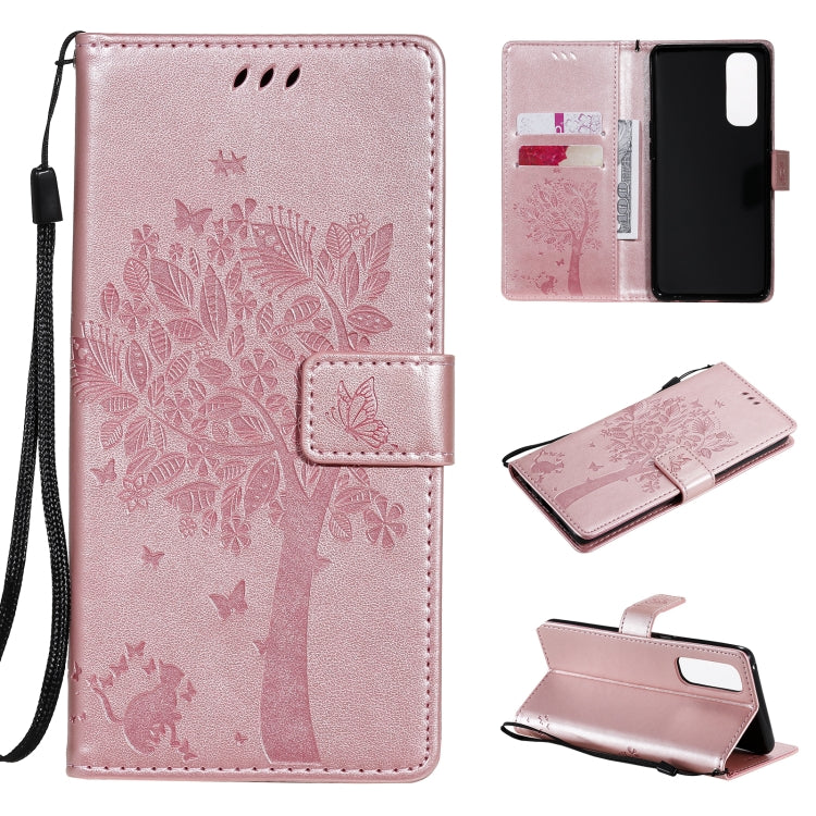 Tree & Cat Pattern Pressed Printing Horizontal Flip PU Leather Case with Holder & Card Slots & Wallet & Lanyard, For OnePlus 8T, For OPPO Reno4 Pro 4G
