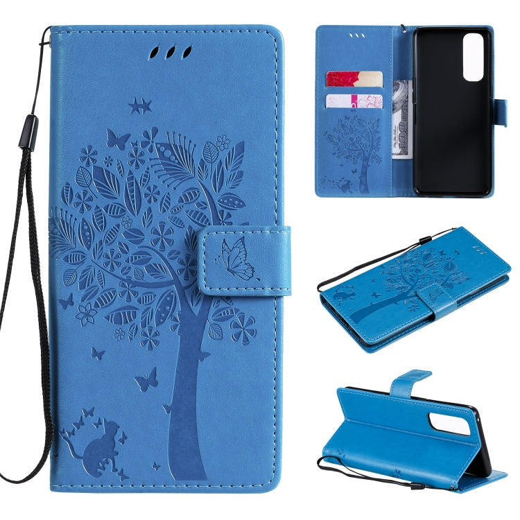 Tree & Cat Pattern Pressed Printing Horizontal Flip PU Leather Case with Holder & Card Slots & Wallet & Lanyard, For OnePlus 8T, For OPPO Reno4 Pro 4G