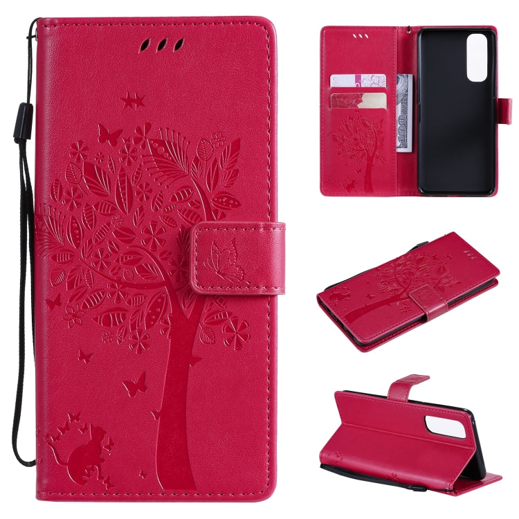 Tree & Cat Pattern Pressed Printing Horizontal Flip PU Leather Case with Holder & Card Slots & Wallet & Lanyard, For OnePlus 8T, For OPPO Reno4 Pro 4G