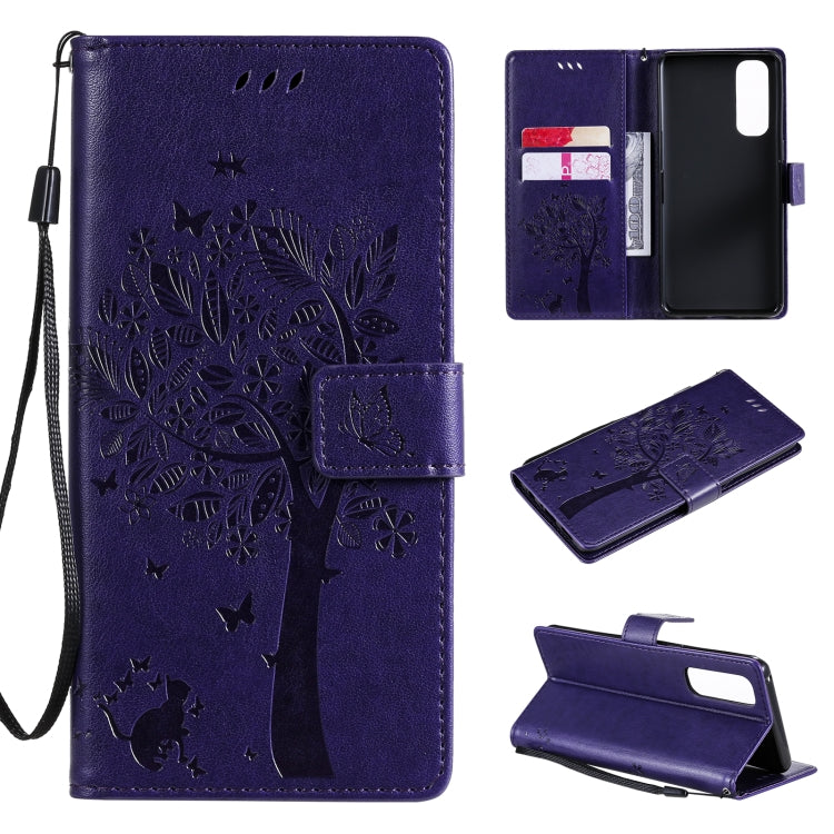 Tree & Cat Pattern Pressed Printing Horizontal Flip PU Leather Case with Holder & Card Slots & Wallet & Lanyard, For OnePlus 8T, For OPPO Reno4 Pro 4G