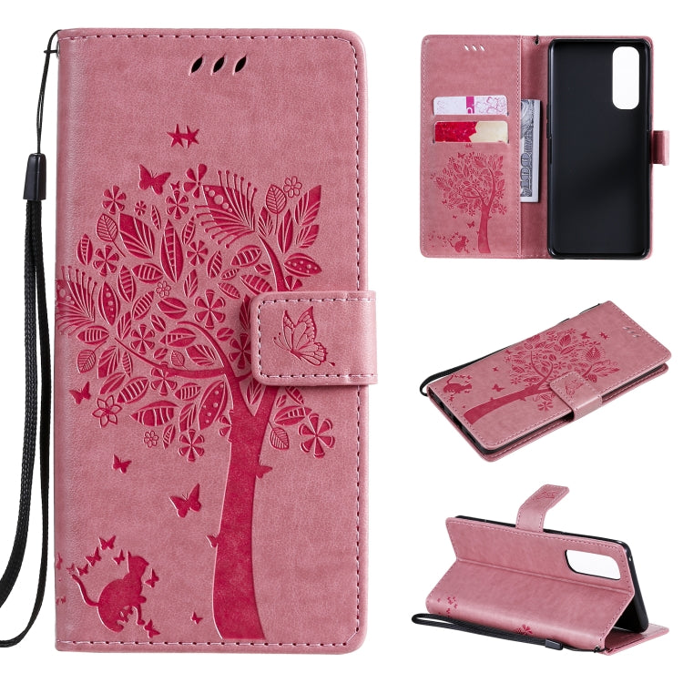 Tree & Cat Pattern Pressed Printing Horizontal Flip PU Leather Case with Holder & Card Slots & Wallet & Lanyard, For OnePlus 8T, For OPPO Reno4 Pro 4G