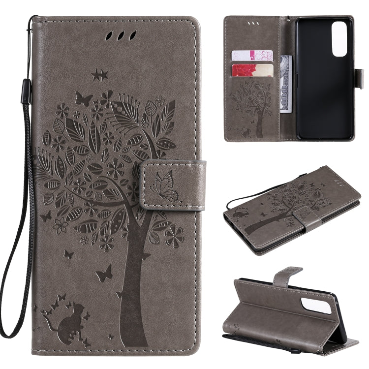 Tree & Cat Pattern Pressed Printing Horizontal Flip PU Leather Case with Holder & Card Slots & Wallet & Lanyard, For OnePlus 8T, For OPPO Reno4 Pro 4G