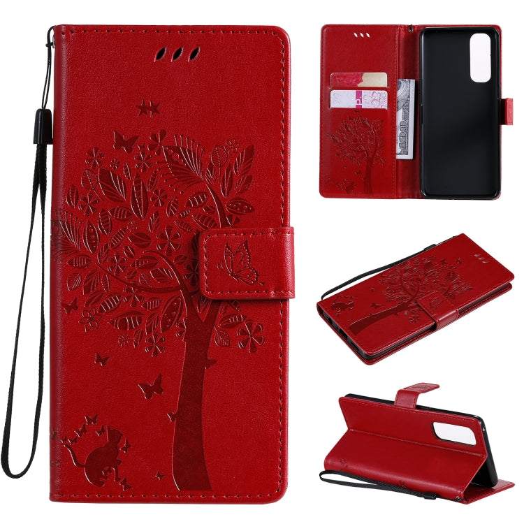 Tree & Cat Pattern Pressed Printing Horizontal Flip PU Leather Case with Holder & Card Slots & Wallet & Lanyard, For OnePlus 8T, For OPPO Reno4 Pro 4G