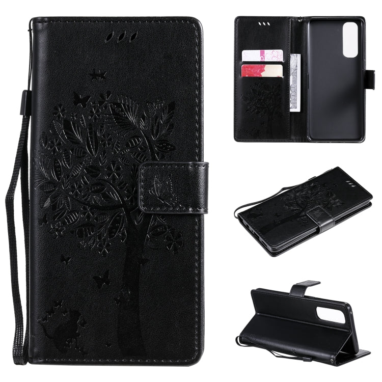 Tree & Cat Pattern Pressed Printing Horizontal Flip PU Leather Case with Holder & Card Slots & Wallet & Lanyard, For OnePlus 8T, For OPPO Reno4 Pro 4G