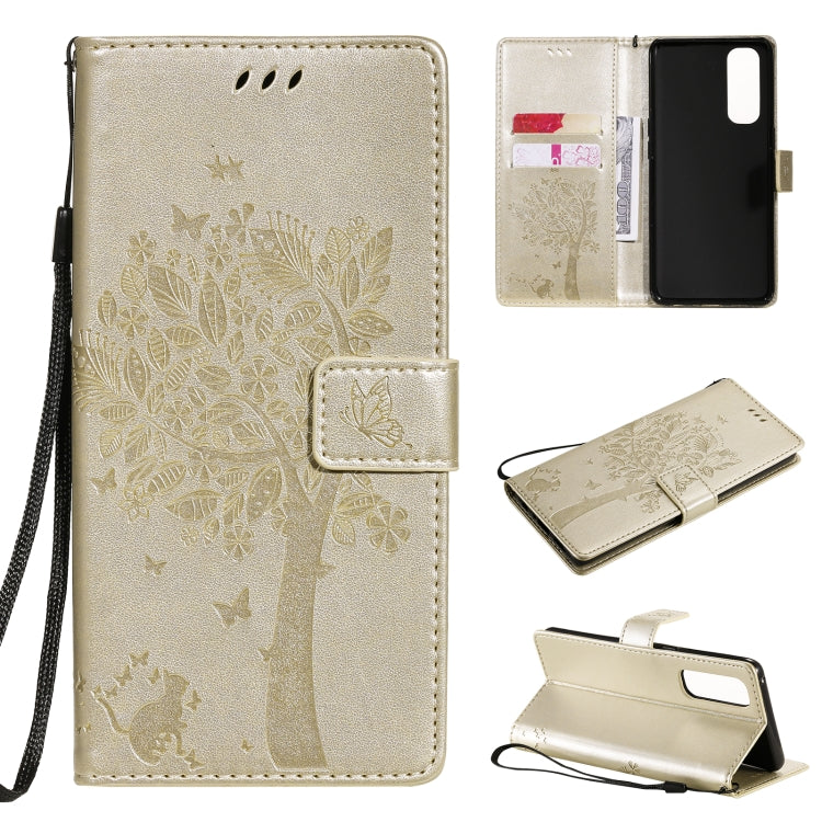 Tree & Cat Pattern Pressed Printing Horizontal Flip PU Leather Case with Holder & Card Slots & Wallet & Lanyard, For OnePlus 8T, For OPPO Reno4 Pro 4G