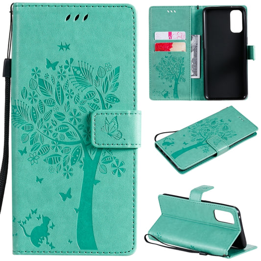 Tree and cat pattern OPPO Reno4 flip case with card slots and wallet functionality
