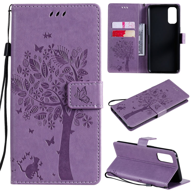 Tree & Cat Pattern Pressed Printing Horizontal Flip PU Leather Case with Holder & Card Slots & Wallet & Lanyard, For OPPO Reno4